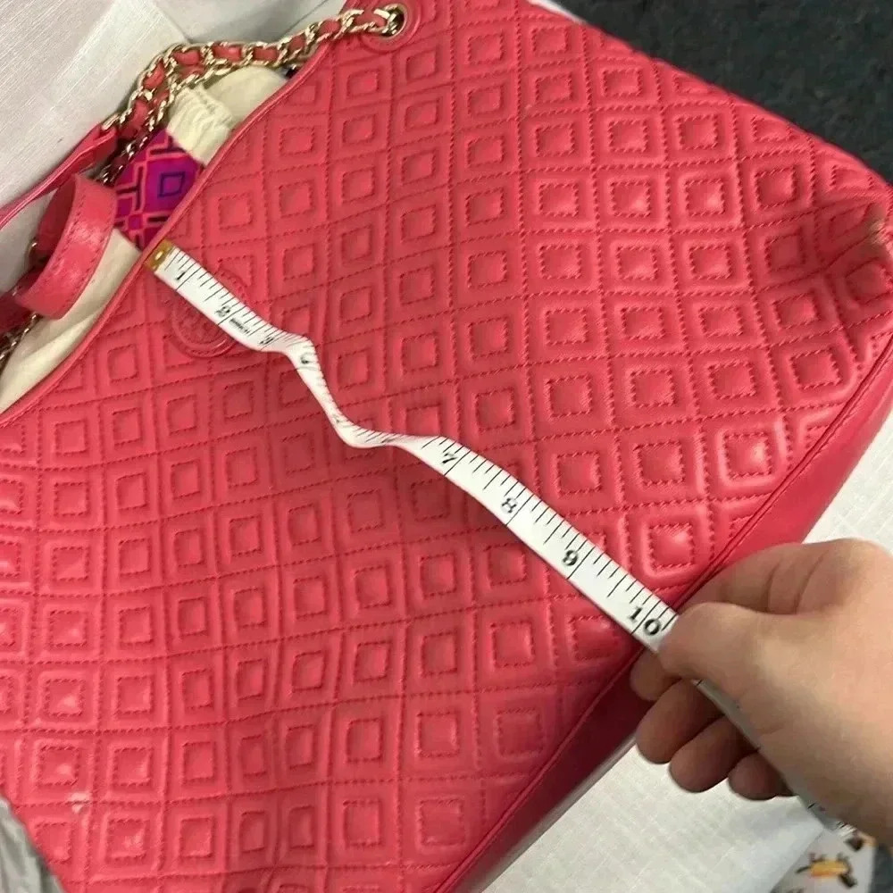 Tory Burch Marion Quilted Chain Slouchy Tote In Peony Bag Purse Chain Coral Pink - Picture 15 of 16